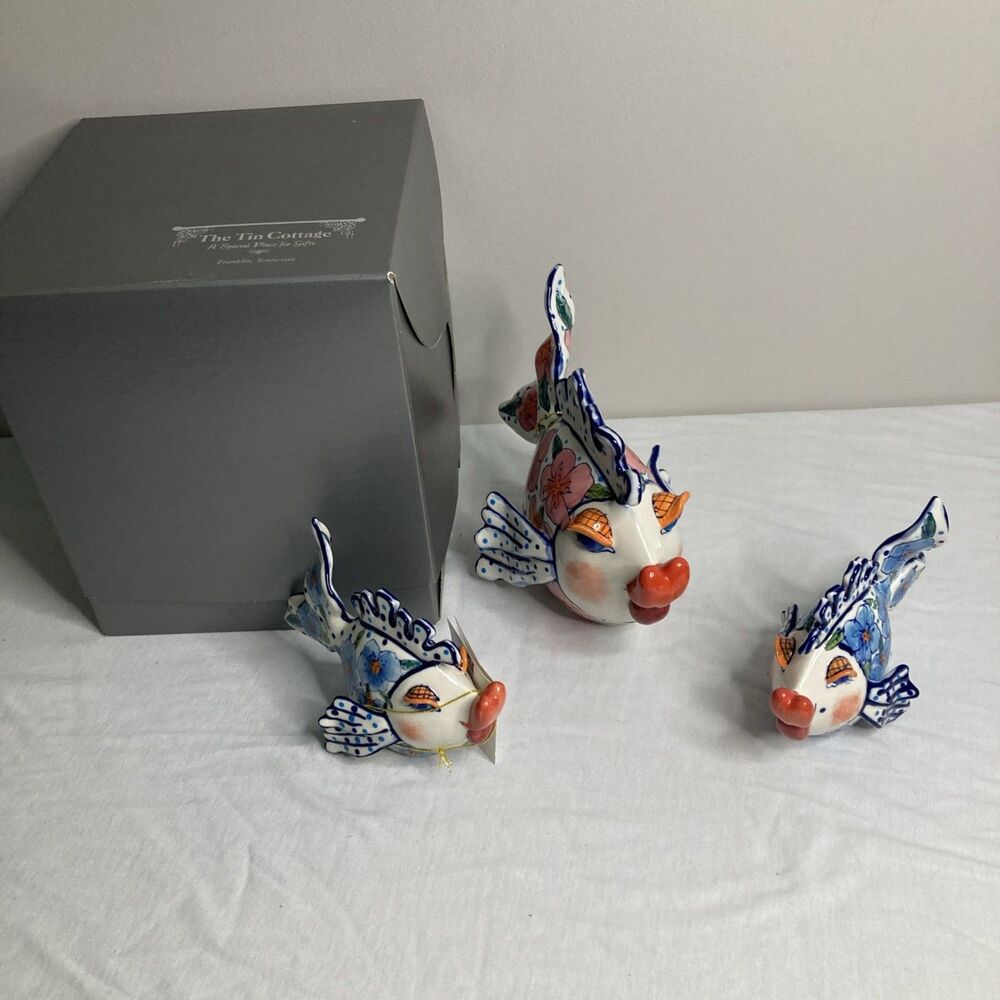 Kissing Fish Stoneware Set Diana Artware Blue Sky Clayworks 2002 Signed